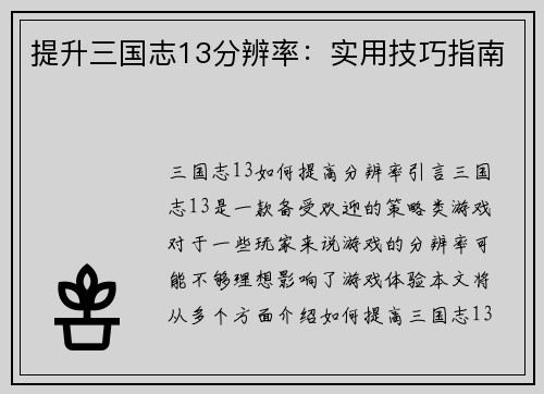 提升三国志13分辨率：实用技巧指南